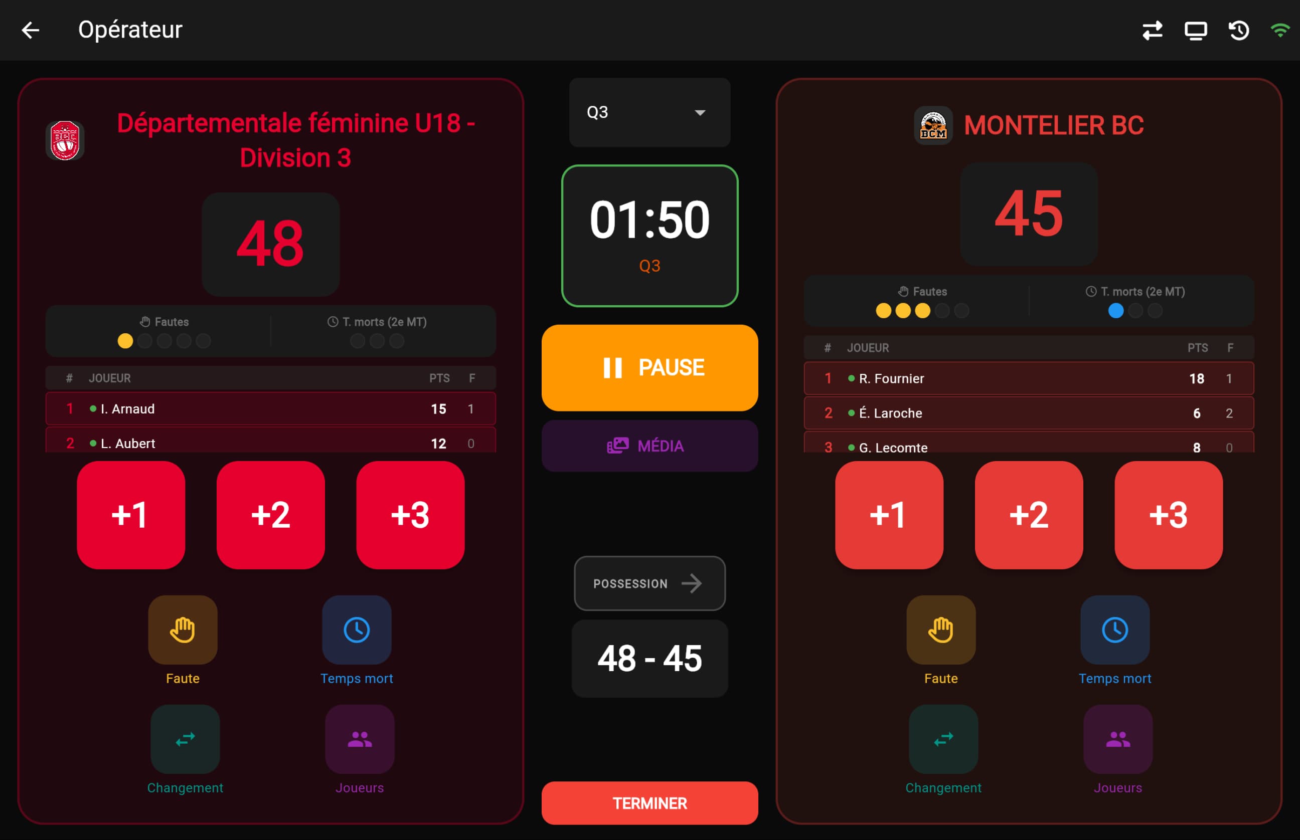 Interface opérateur de match